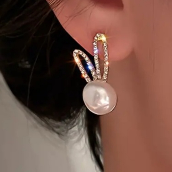 Rabbit Easter Earrings with Faux Pearl and Rhinestone Embellishments - Picture 2 of 3